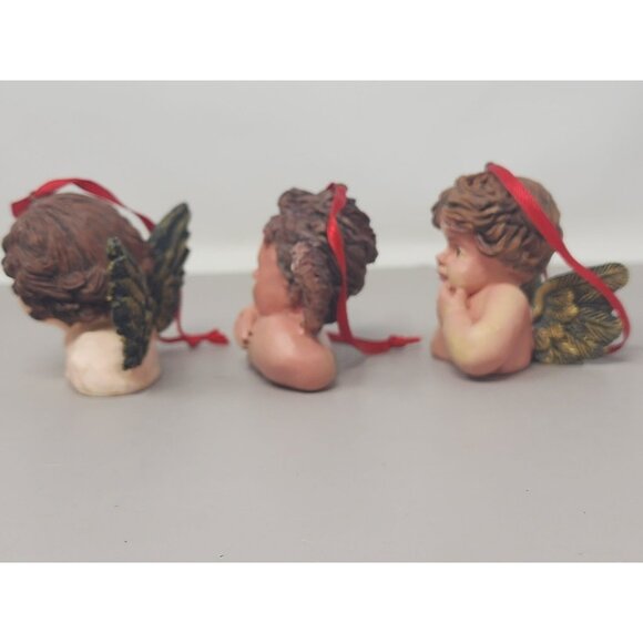 Set Of 3 Resin Angel Cherub Ornaments With Green Wings & Red Ribbon‎ Hangers - Picture 2 of 11